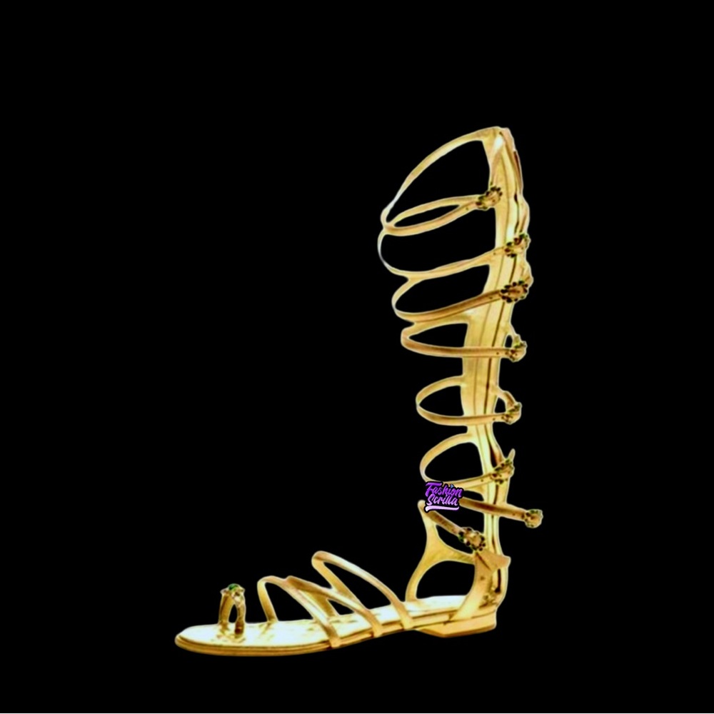 Chanel Leather Knee High Gripoix Embellished ‘CC’ Logo Gold Gladiator Sandals - Picture 8 of 12